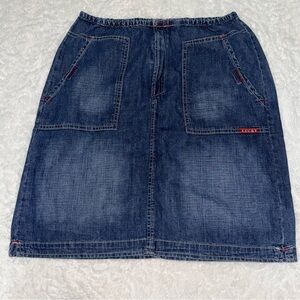 Lucky Brand Dark Blue Denim A-Line Skirt with Red Stitching